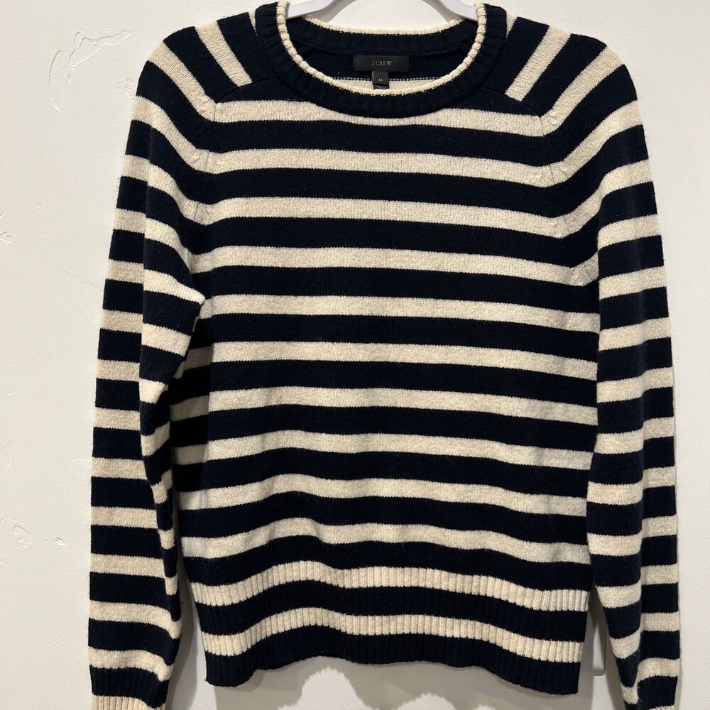 J. Crew Navy & Ivory Striped 100% Wool Crewneck Sweater Women’s size M Soft Warm